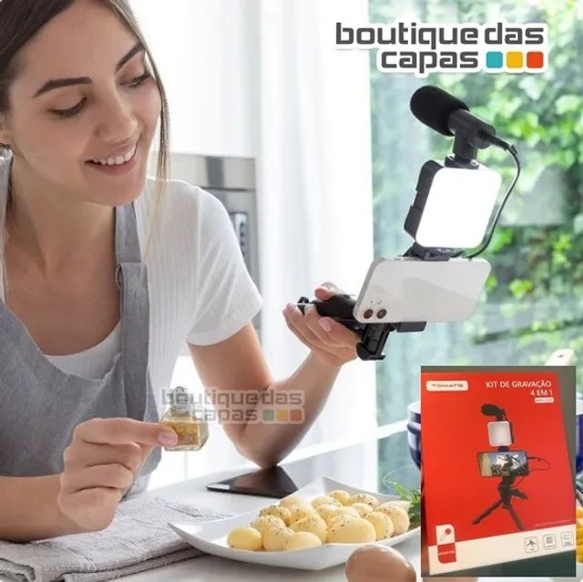 Kit de gravação 4 em 1 microfone led suporte celular câmera e  tripe - Foto 4