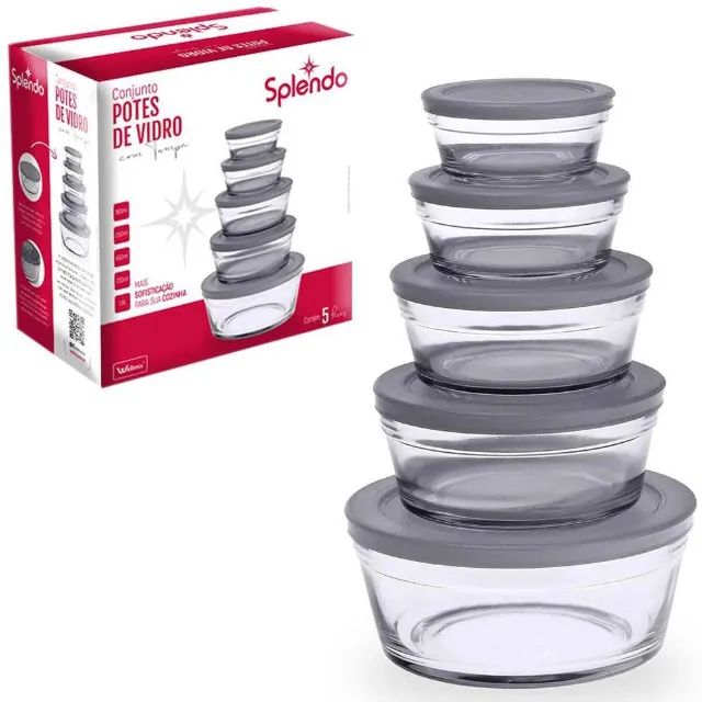Conjunto Potes De Vidro Com Tampa  5pcs Cinz Splendo Wg11122