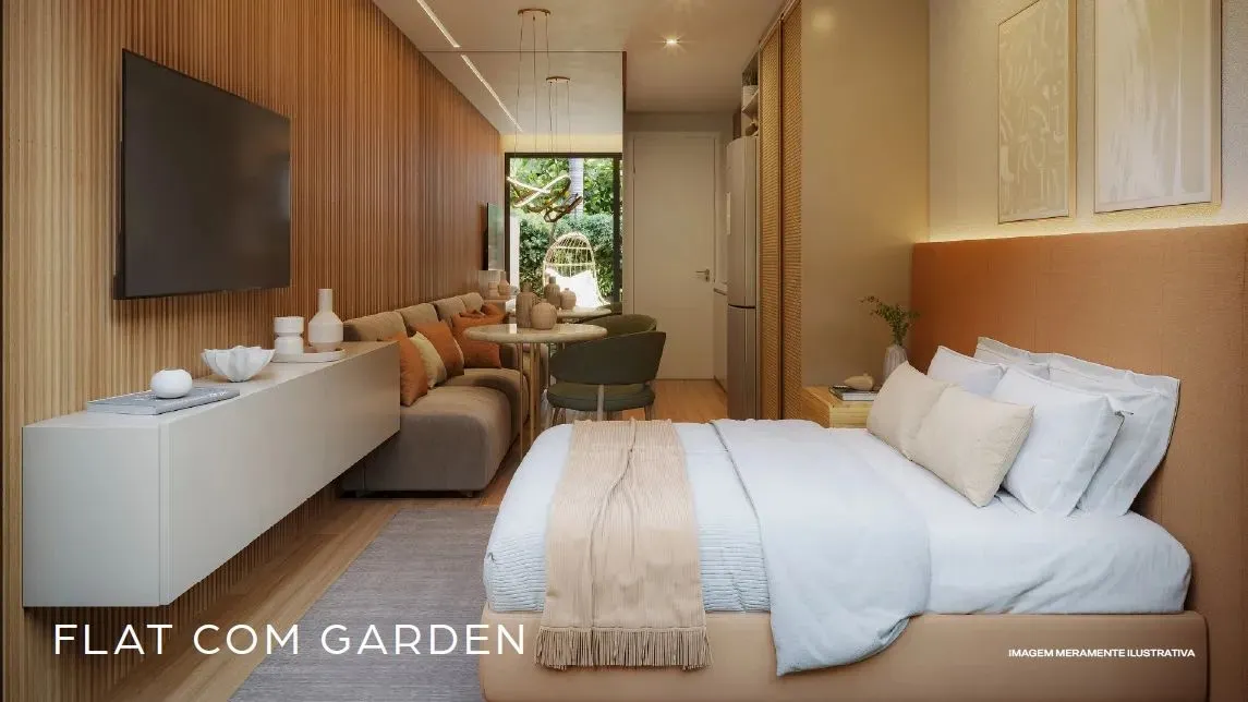 Flat com 1 quarto | Opções com varanda, garden ou mezanino | Até 37,89m²