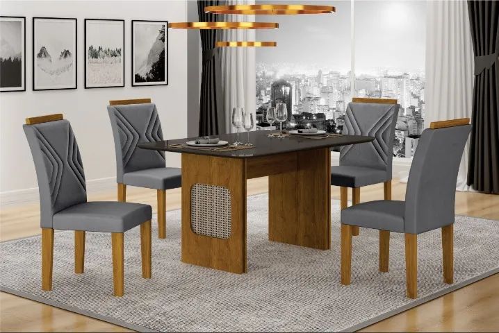CONJUNTO DE JANTAR MESA COM TAMPO EM VIDRO E 4 CADEIRAS BORDADAS - Foto 3