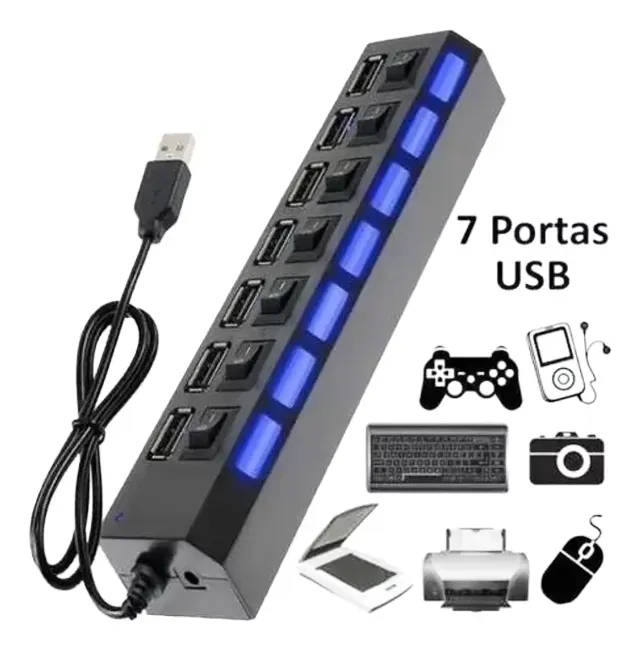 Hub Usb 2.0 Com 7 Portas E Extensão Para Pc Hd Externo, 2 unidades, usados