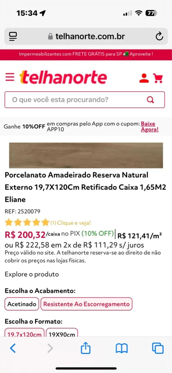 5 caixas - 140 a caixa - de Porcelanato Amadeirado Reserva Natural Eliane 19,7X120Cm