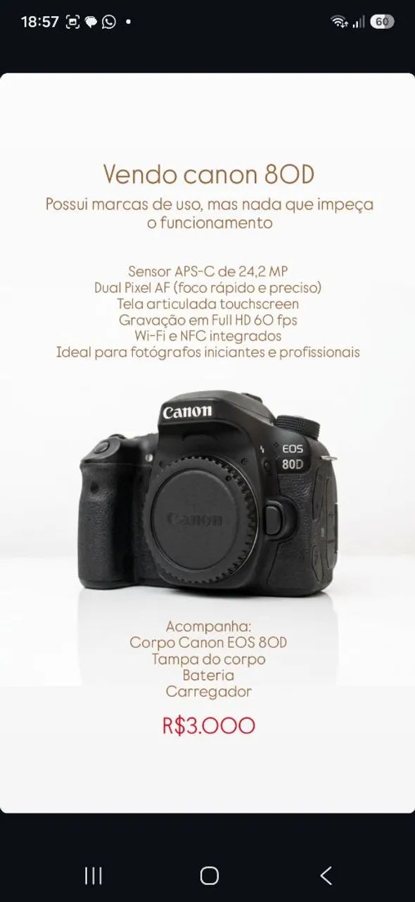 Câmera profissional Canon 80D - Foto 2