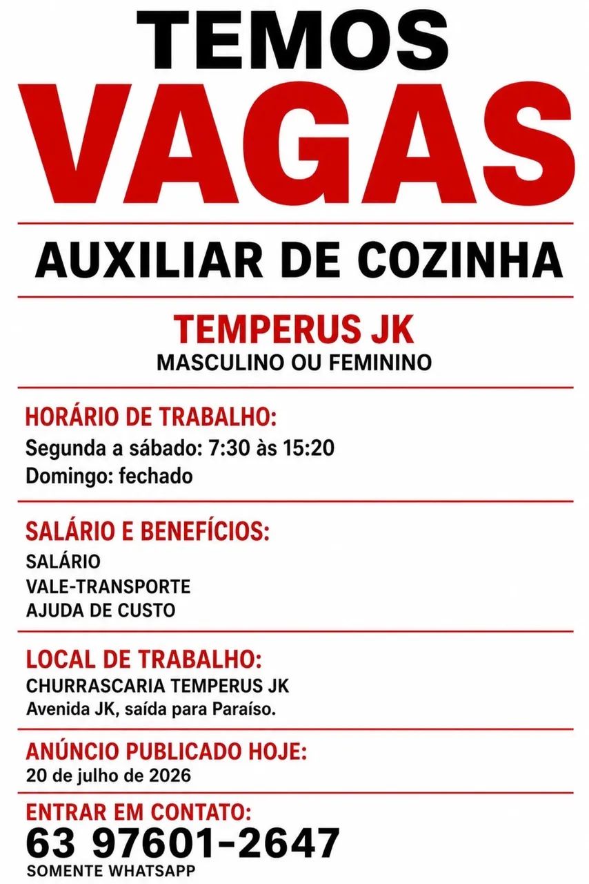 Vaga de Auxiliar de cozinha 