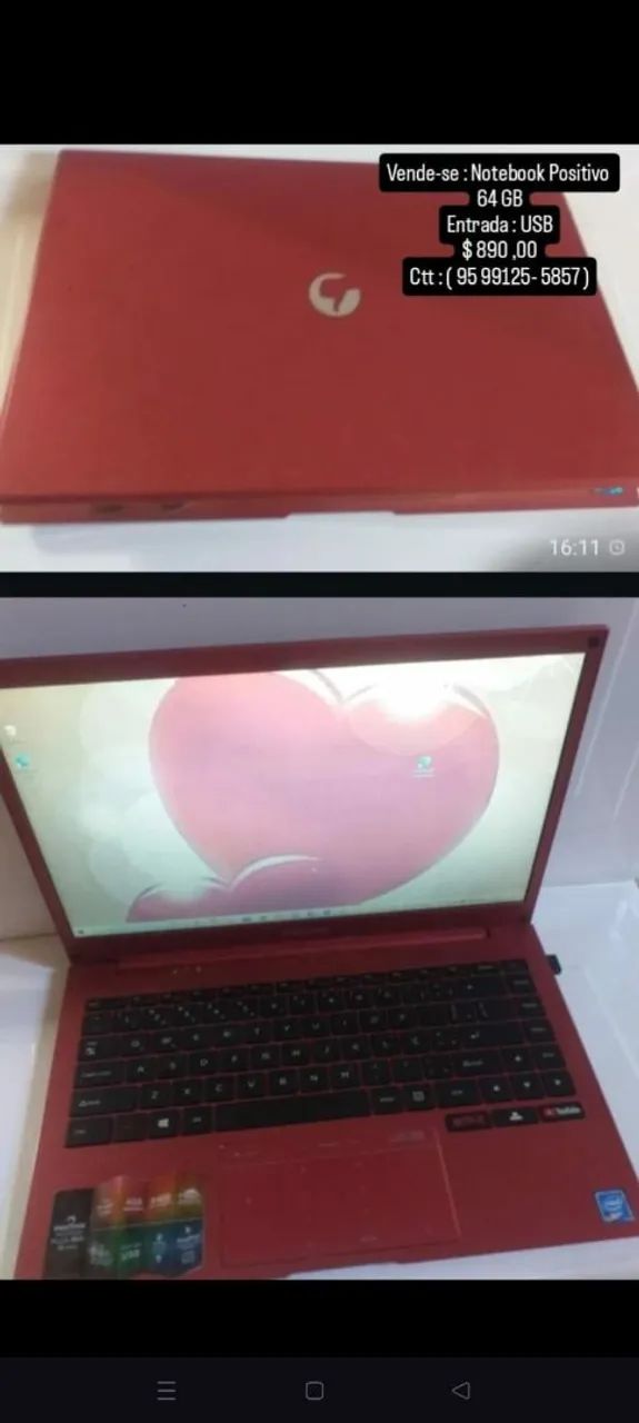 Vende-se 01 Notebook Positivo,  com carregador  , entrada USB ,64 GB $ 890 