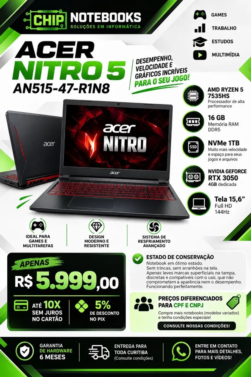 Acer nitro 5 AN515-47-R1N8 AMD 7535HS 16gb 1tb Rtx 3050 15.6 polegadas 