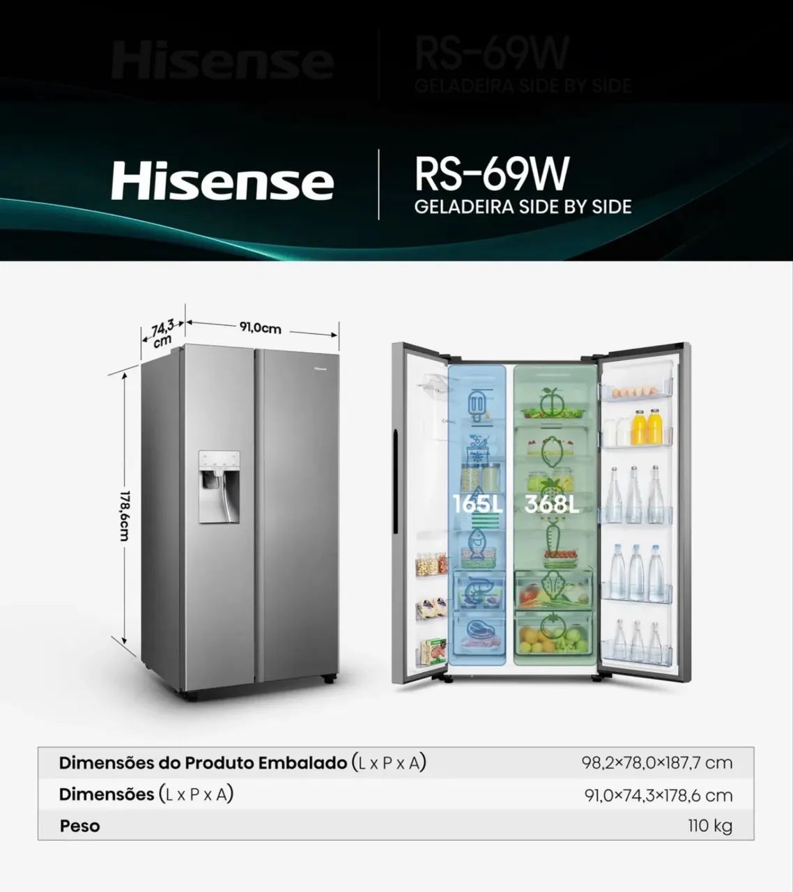 Geladeira Side by Side 2 Portas Hisense 533L Inox 220V - Nova e