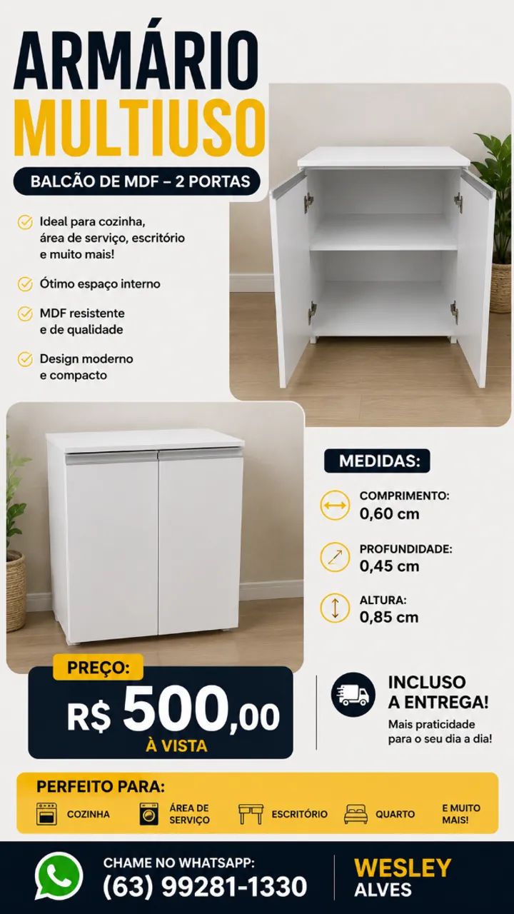 ARMÁRIO BANCADA 2 PORTAS MDF BRANCO