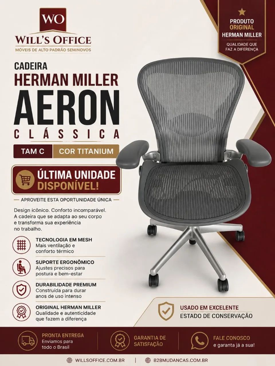 Cadeira Herman Miller AERON Clássica Tam.C cor TITANIUM  - Foto 4