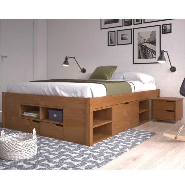 Cama Queen Multifuncional Madeira Maciça 6 Gavetas Charme Inter Amêndoa