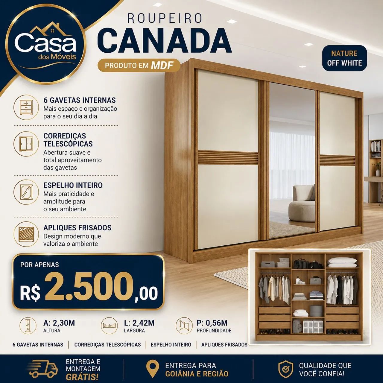 Guarda roupa Canadá 100% MDF - Nature off white 