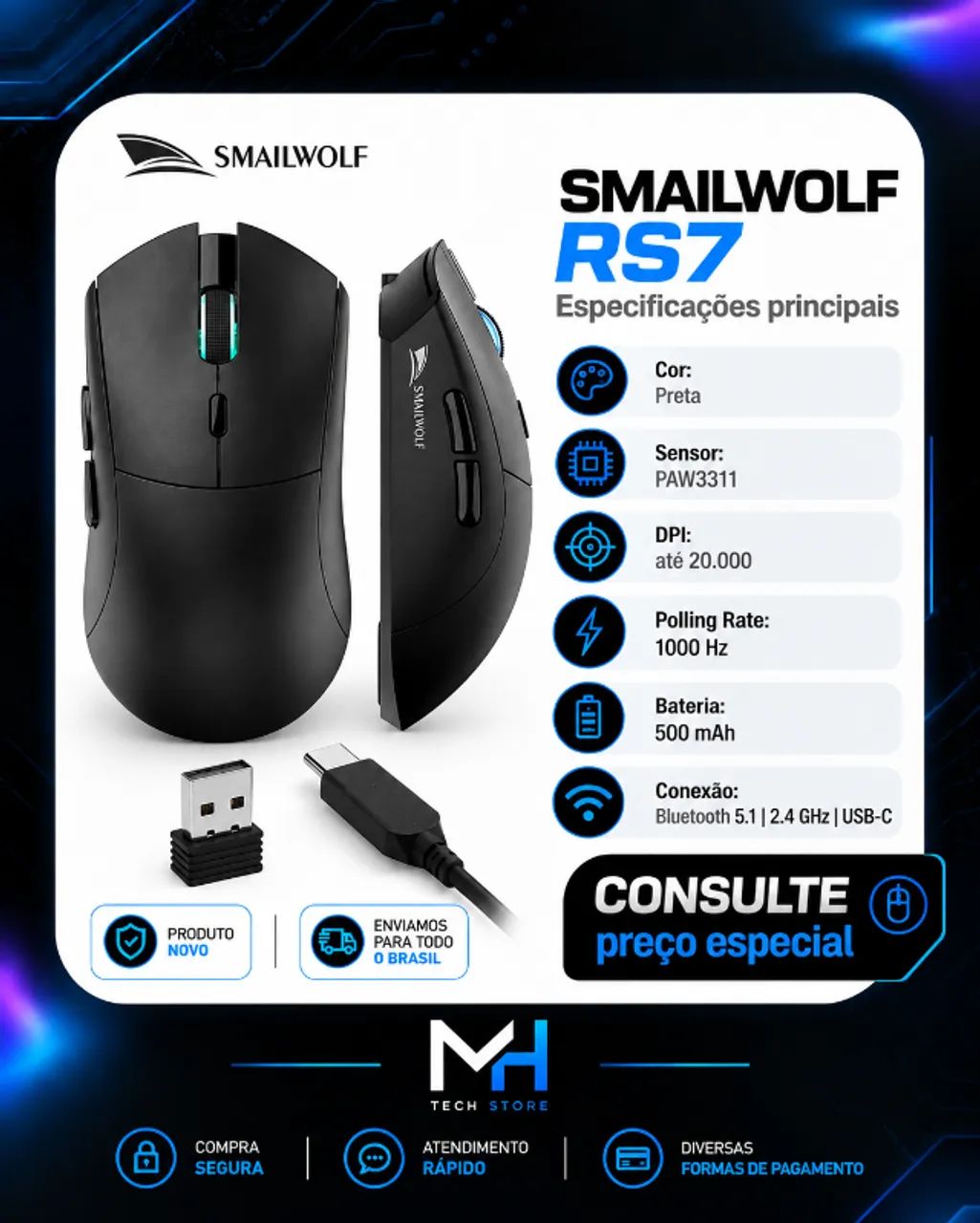 Mouse Gamer Smailwolf RS7 Tri-Mode 20.000 DPI PAW3311 - Foto 4