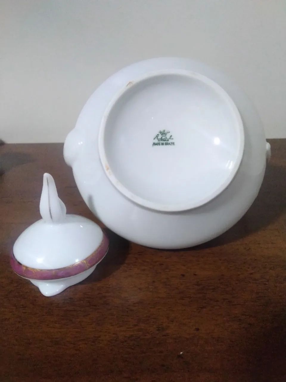 bule de chá antigo porcelana real branco com barrado bordo e dourado - Foto 5