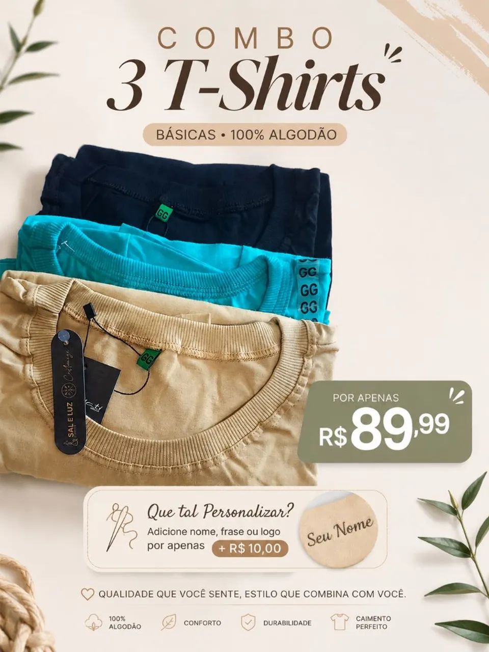 Combo 3 T-shirt básica 100% algodão 