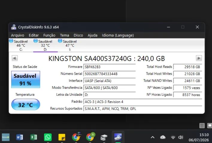 SSD KINGSTON 240GB SA400 Saúde Disco Boa(91%) - Foto 4