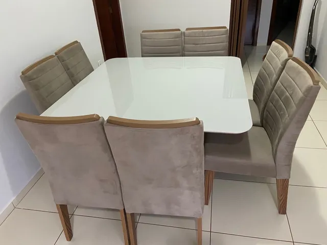 Conjunto Mesa de Jantar Zoe Cinza com Vidro e 8 Cadeiras Amelia