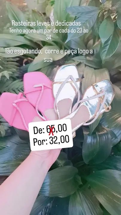 Sandália rasteiras de R$: 65,00 por 50% de desconto,  R$: 32,00 