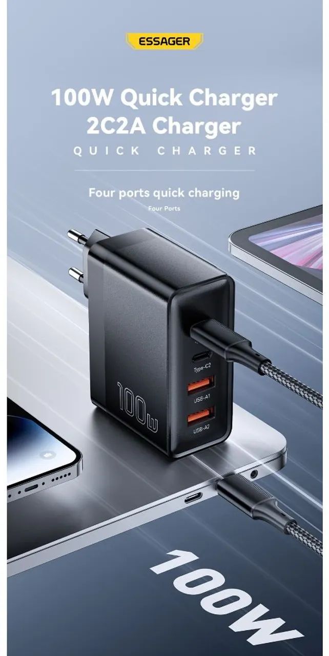 Carregador Viagem ESSAGER 100W, 4 Portas - Foto 2