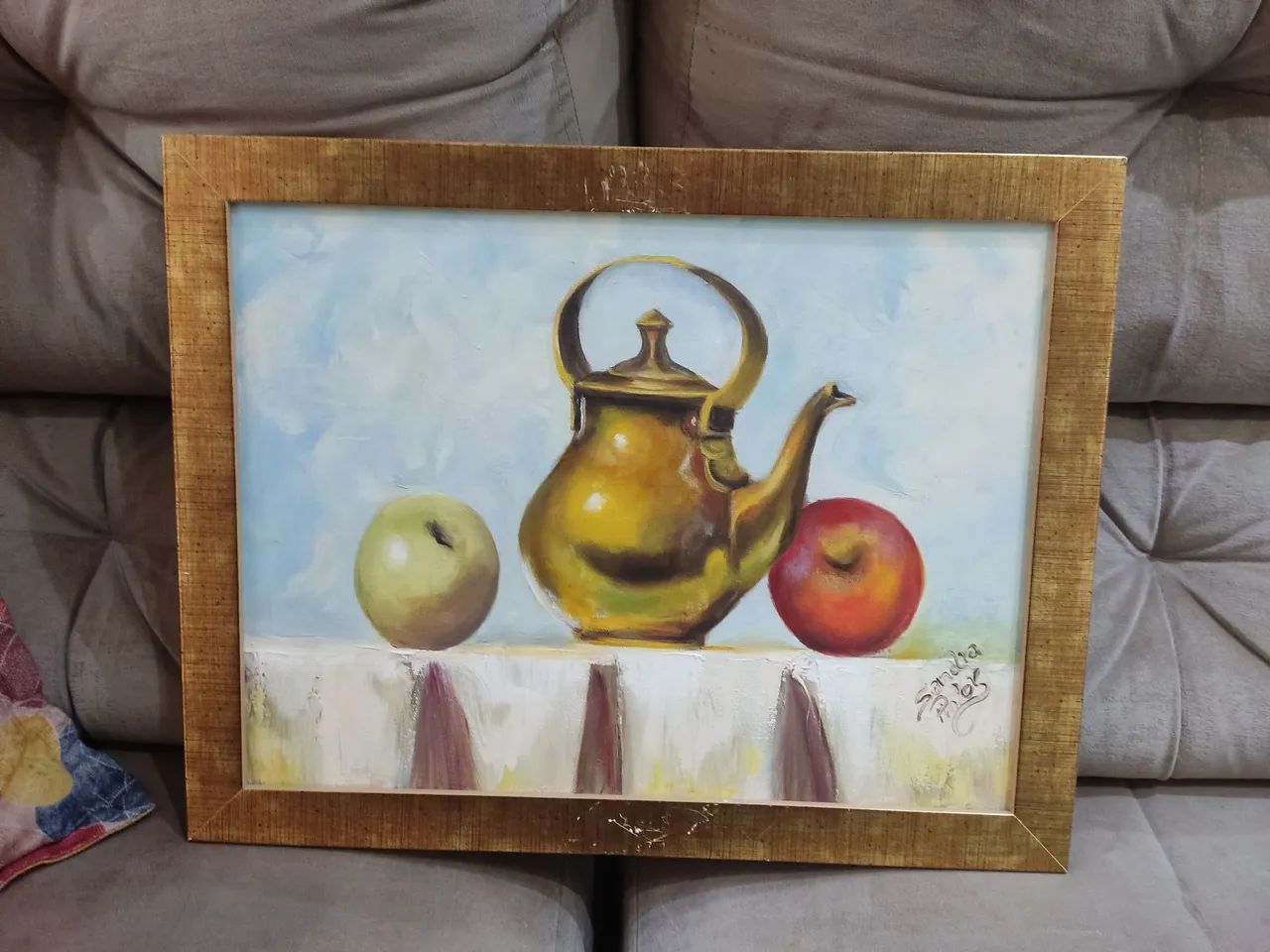 Quadro Decorativo Natureza Morta - Pintura a Óleo pera, bule e maçã  30cmx40cm