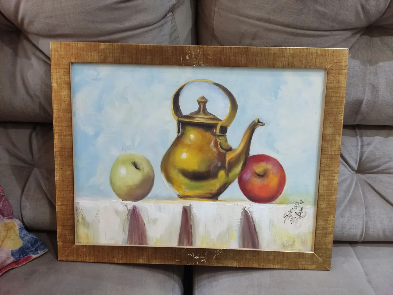 Quadro Decorativo Natureza Morta - Pintura a Óleo pera, bule e maçã 30cmx40cm