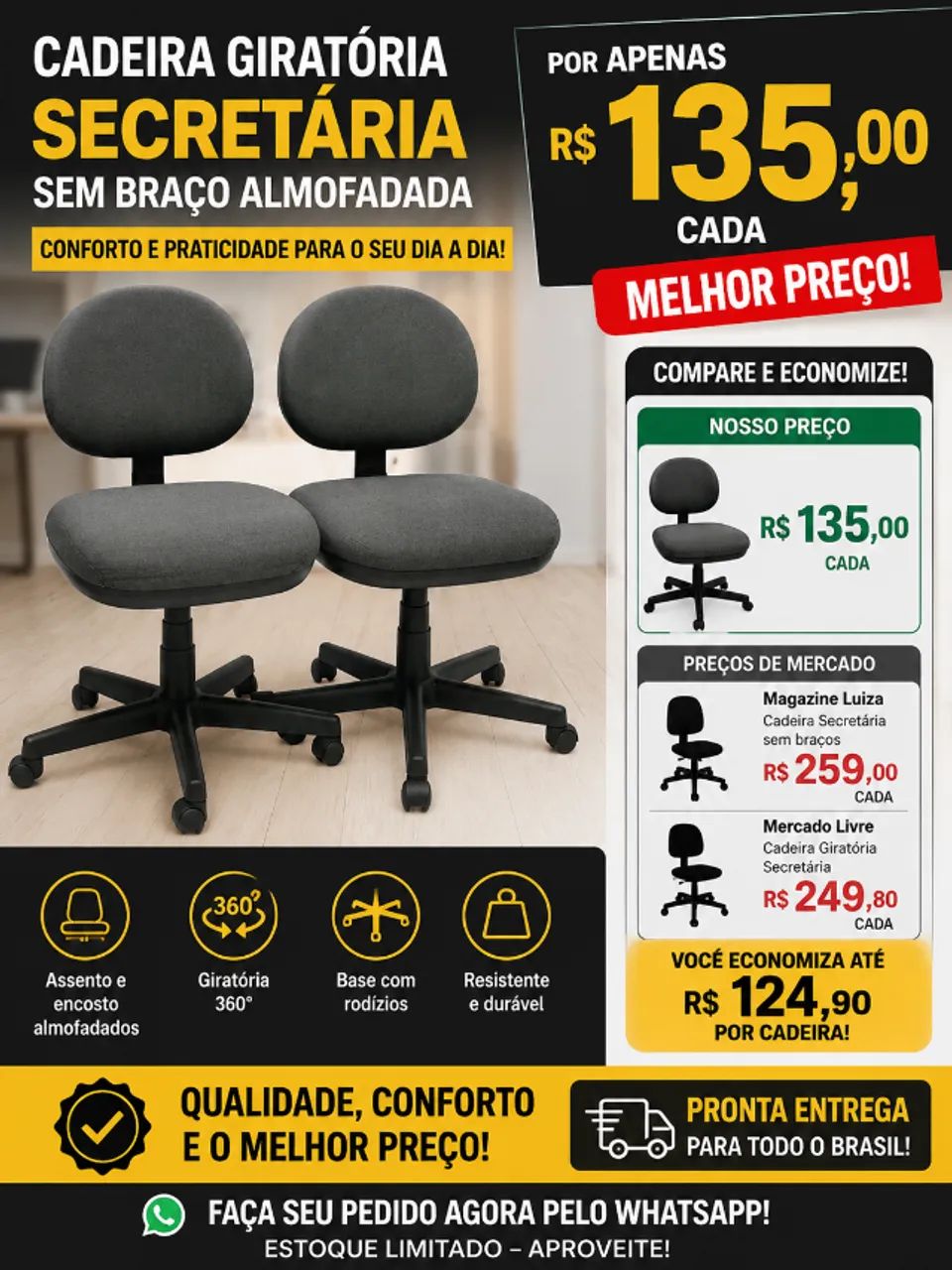 CADEIRA GIRATORIA SEM BRAÇO ALMOFADADA