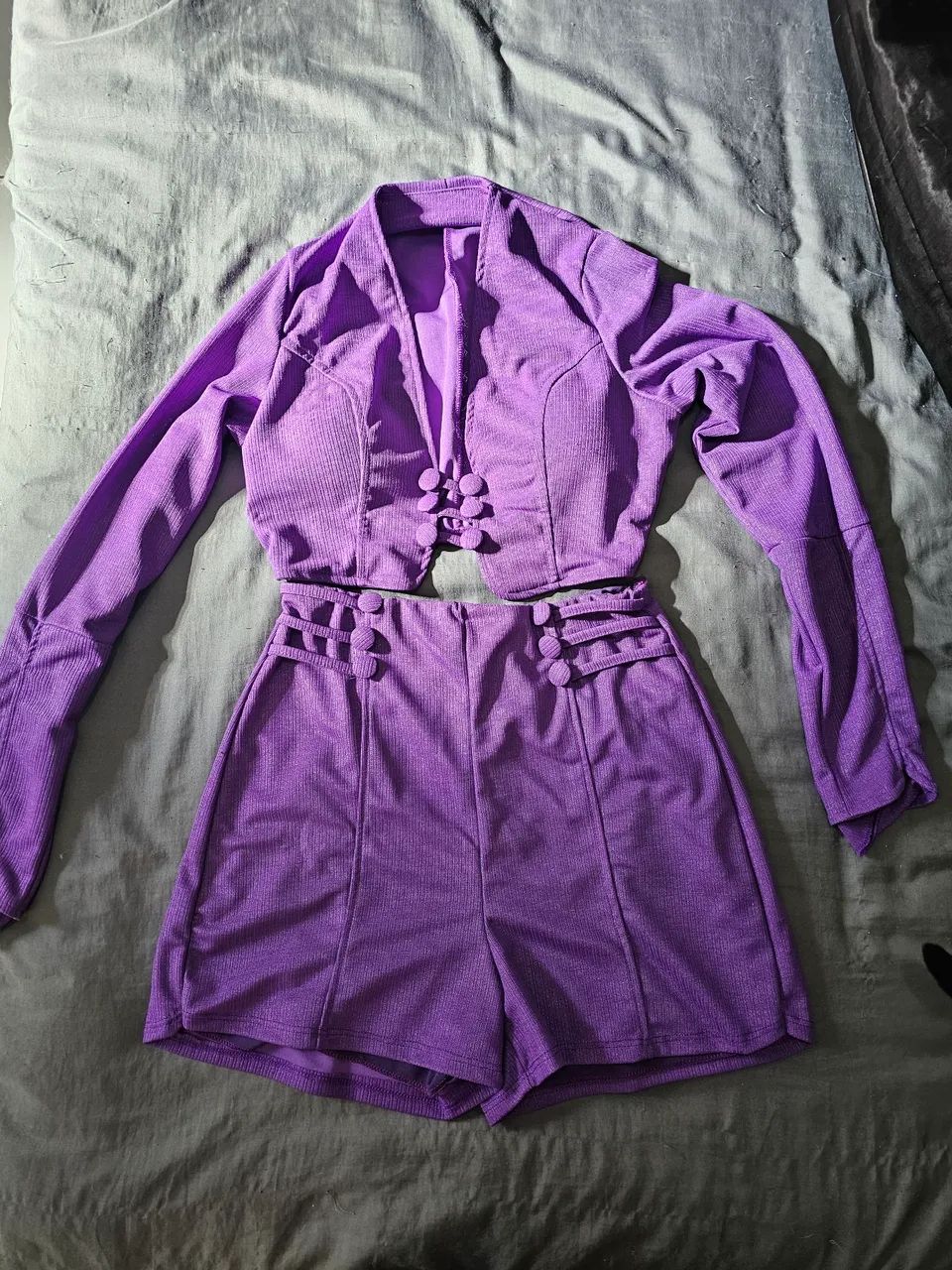 Conjunto Cropped Manga Longa e Short Roxo M