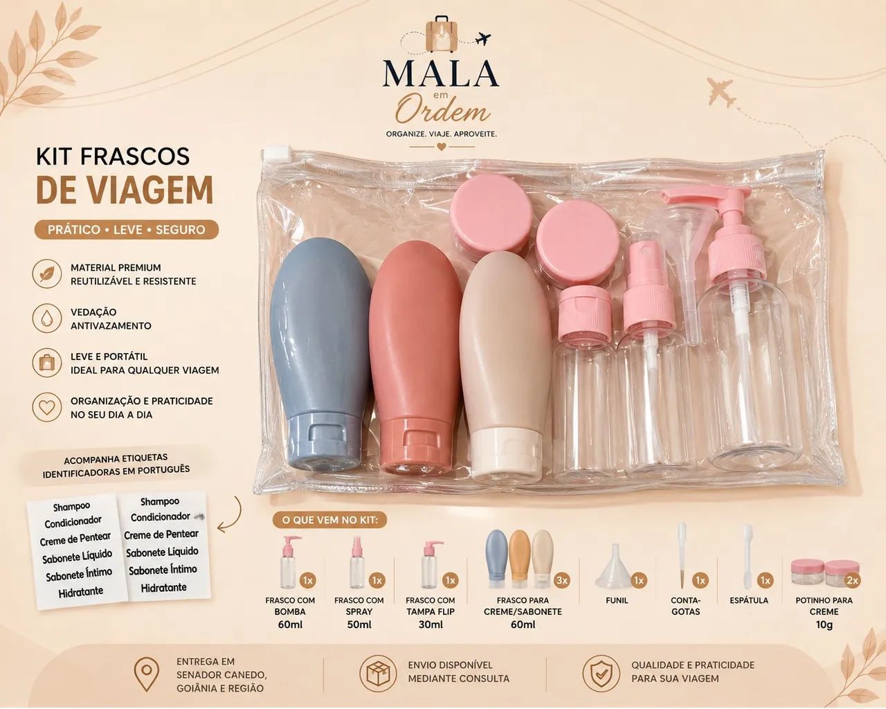 Kit Frascos para Viagem Completo com Necessaire Transparente