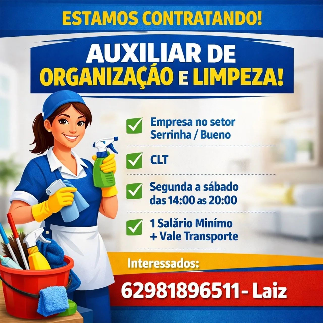 Vaga para auxiliar de limpeza. 