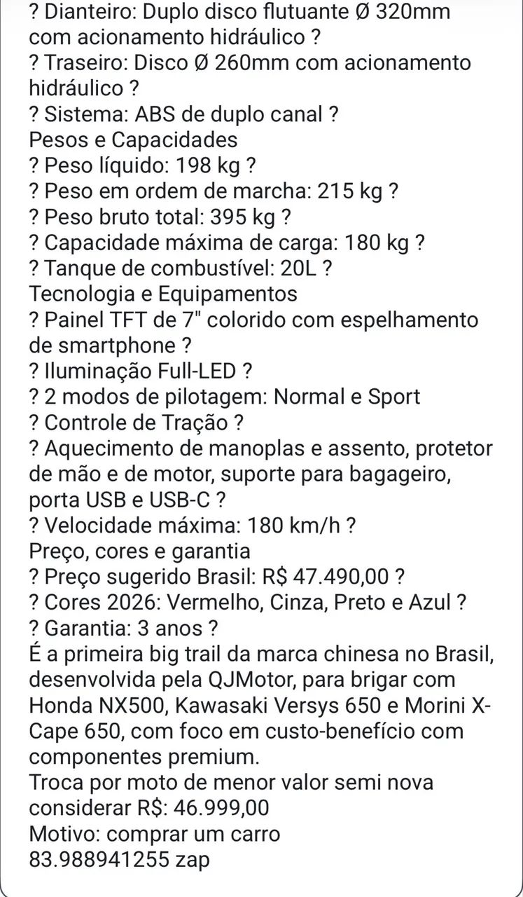 Vendo SBM 600 T 2026 melhor que Honda NX500, Kawasaki Versys 650 e Morini X-Cape 650, - Foto 6