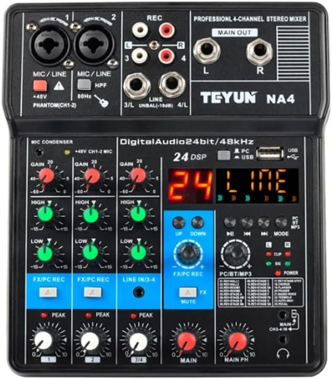 Mesa de Som Teyun AN4 4 Canais interface de audio 