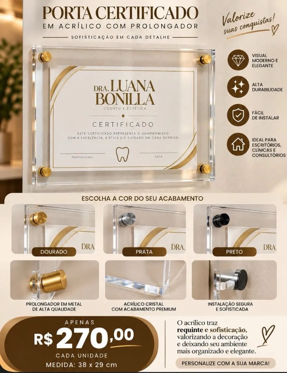 Porta certificado em acrílico 