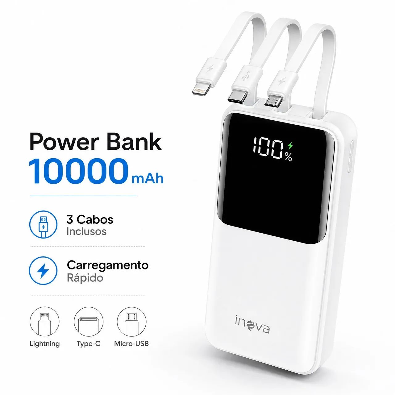 Power Bank Inova 10000mAh com 3 Cabos Integrados - Foto 4