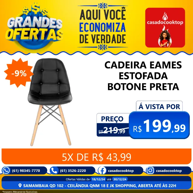Cadeira eames estofada botone preta