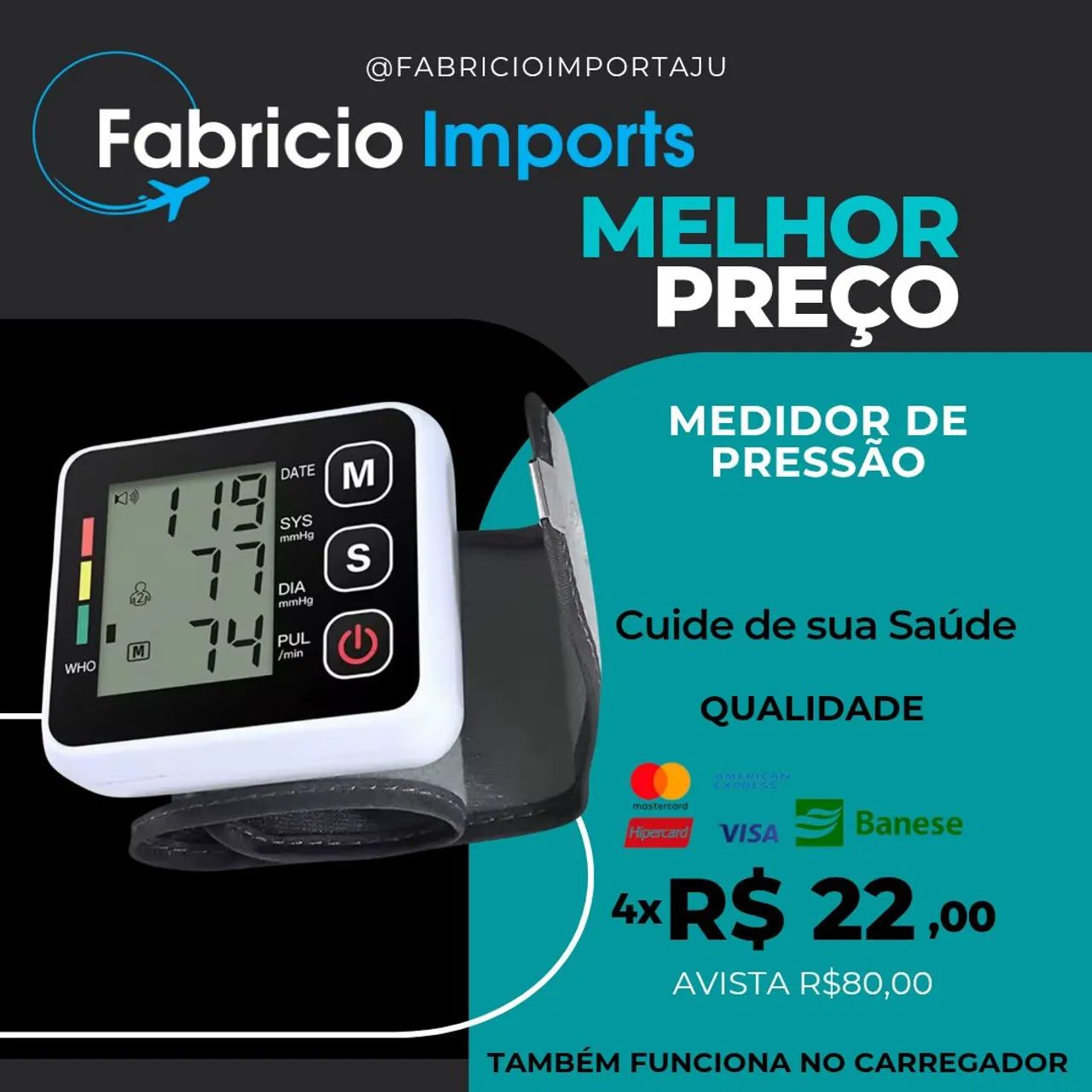 Medidor de Pressão Digital de Pulso Recarregável 