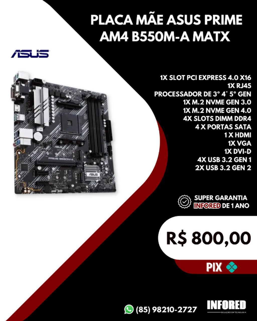 Placa mãe Asus Prime AM4 B550M-A MATX