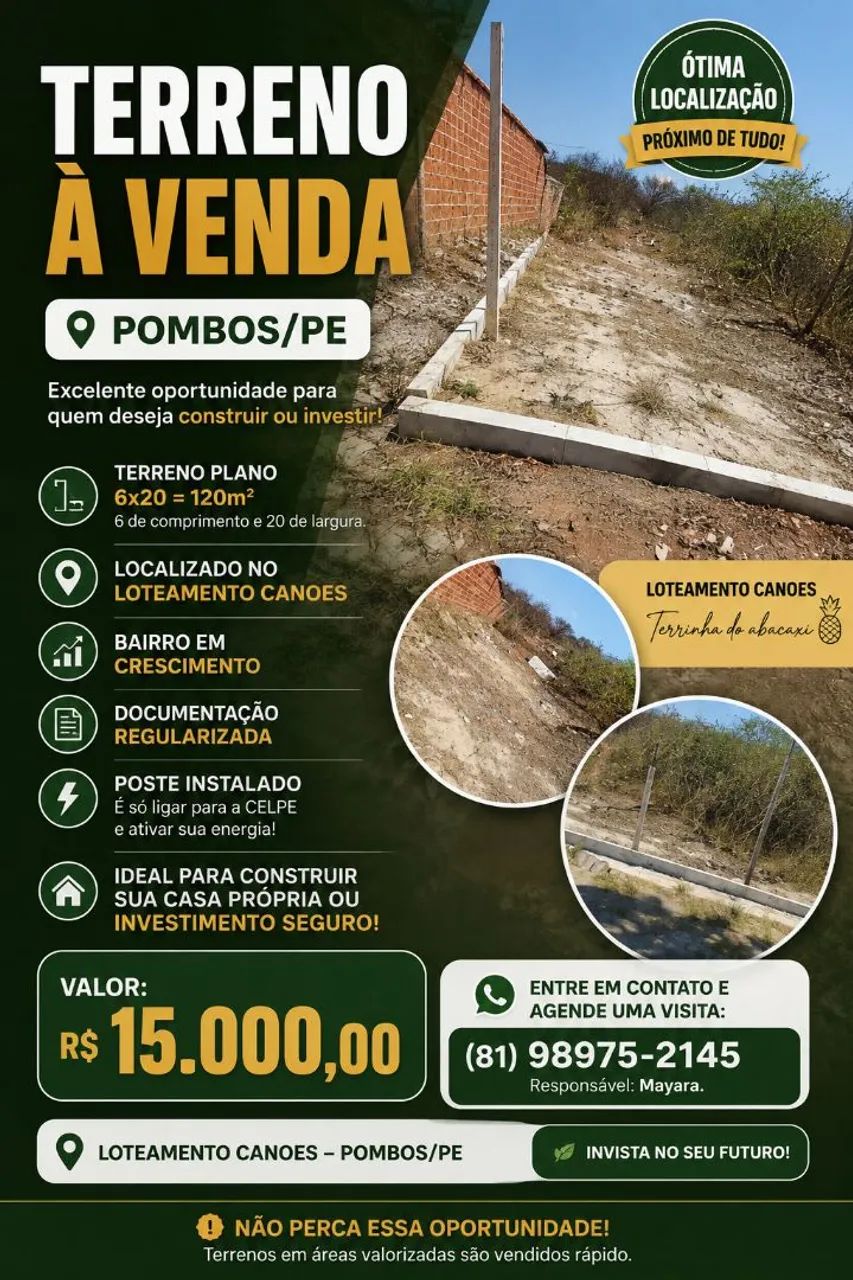  TERRENO À VENDA EM POMBOS/PE! 