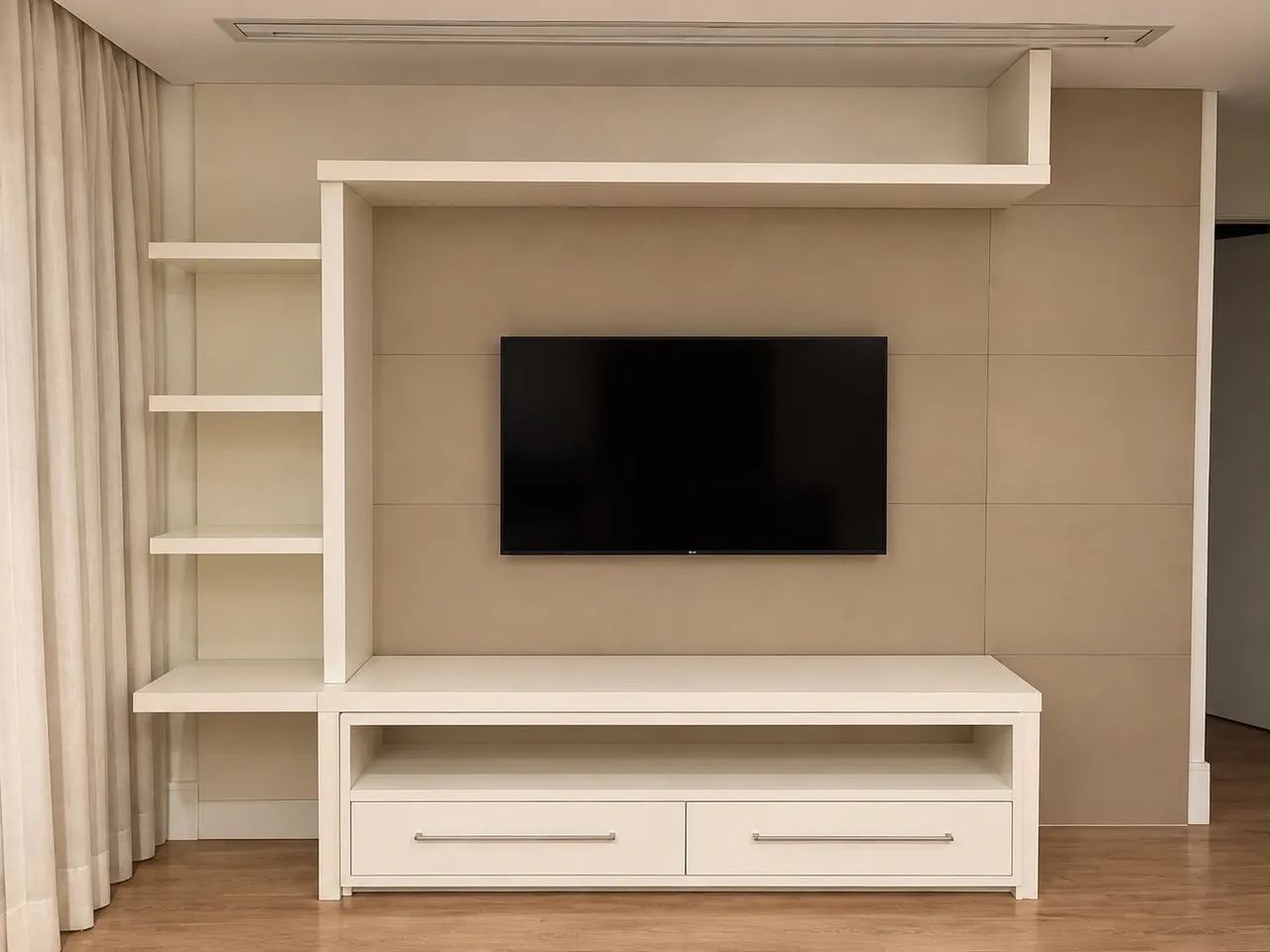Painel em MDF + rack de rodinhas e 2 gavetões 