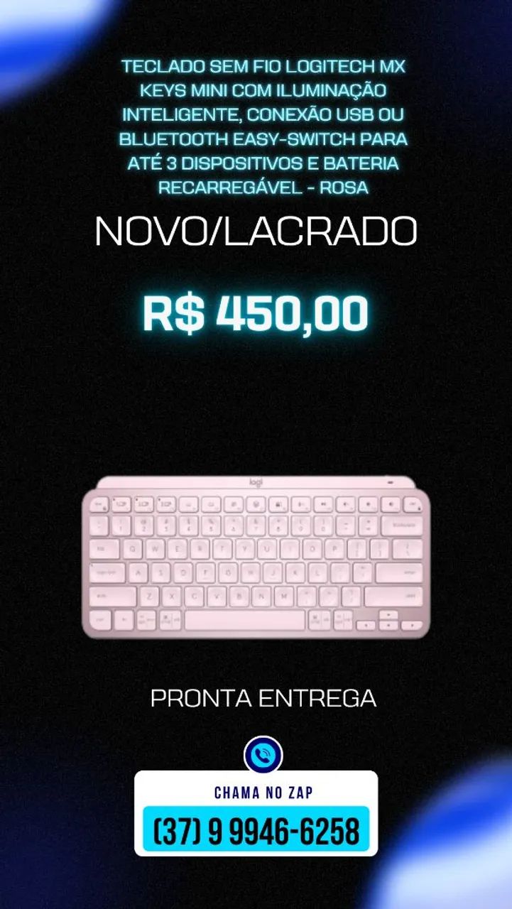 Teclado sem fio logitech MX Keys com iluminação - cor rosa