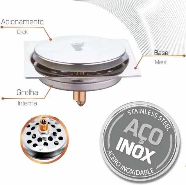 Ralo Click em Aço Inox Quadrado com Vedação Anti-Odor 15x15 - Foto 2