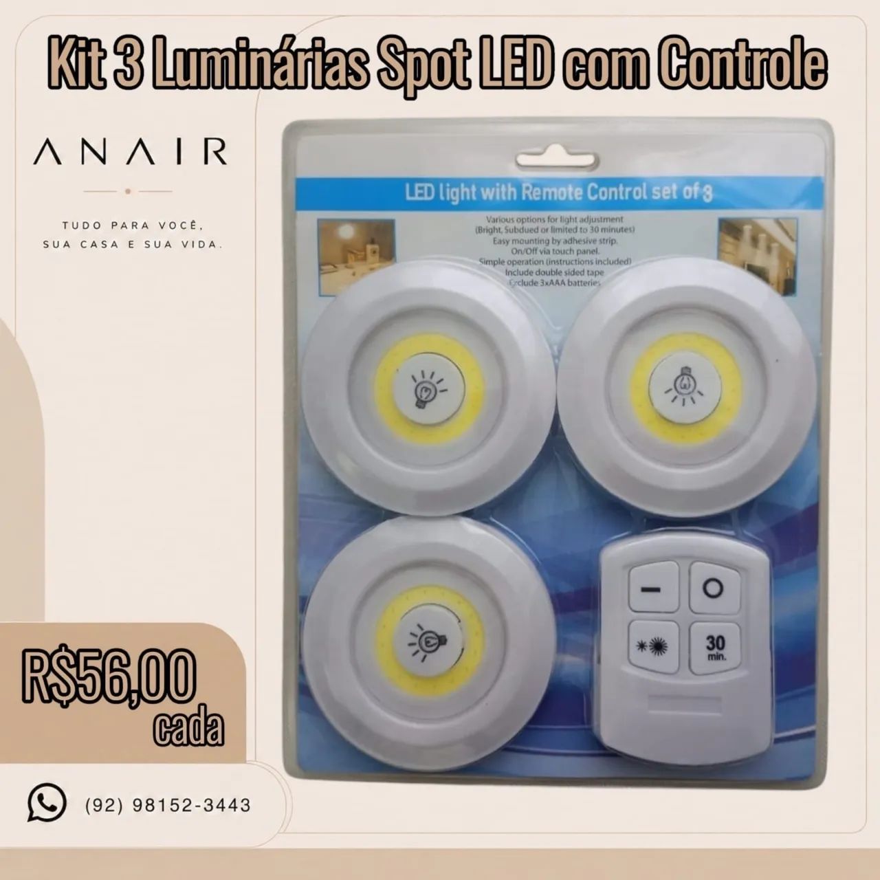 Kit 3 Luminárias Spot LED com Controle
