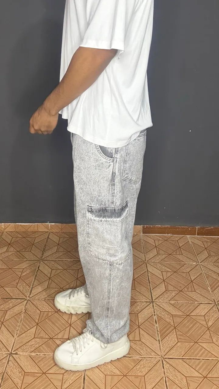 Calça Wide Leg Cargo Masculina Cinza - Foto 3