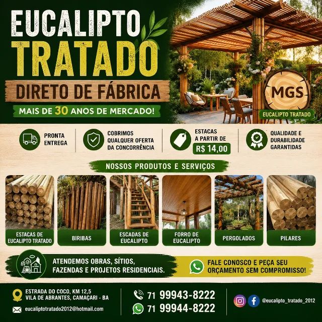 Eucalipto Tratado Direto de Fábrica | Estacas a partir de R$ 14 | Entrega Imediata