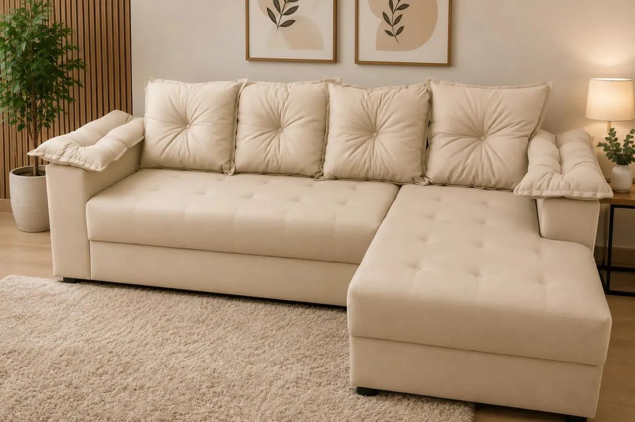 Promoção! Sofá Madri grande bege com espuma no braço 