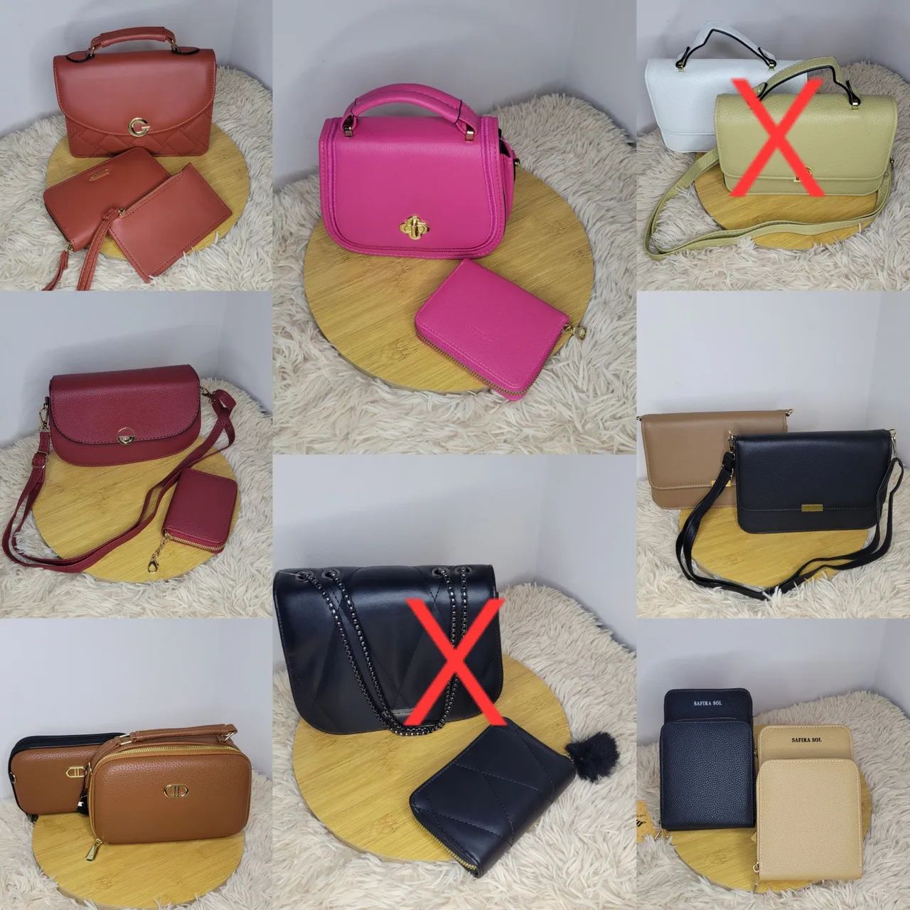 Kits com carteira e bolsas avulsas - Preto, marrom, rosa e outros