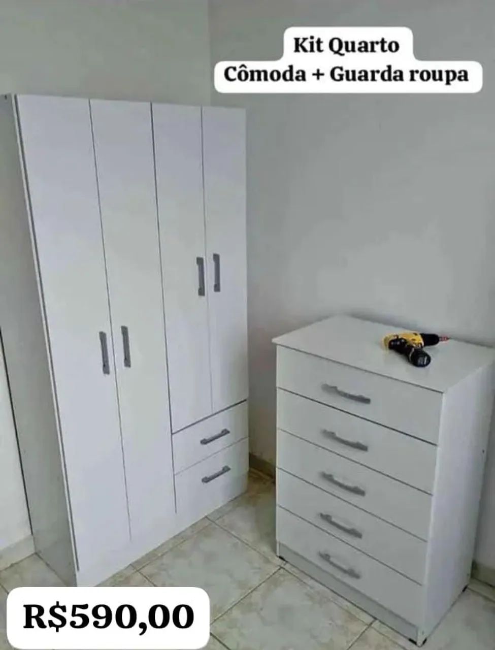 Kit Quarto Completo Guarda-Roupa e Cômoda Branco