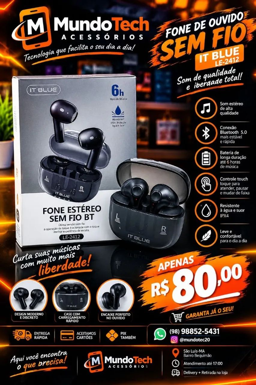 Fone via bluetooth Sem Fio