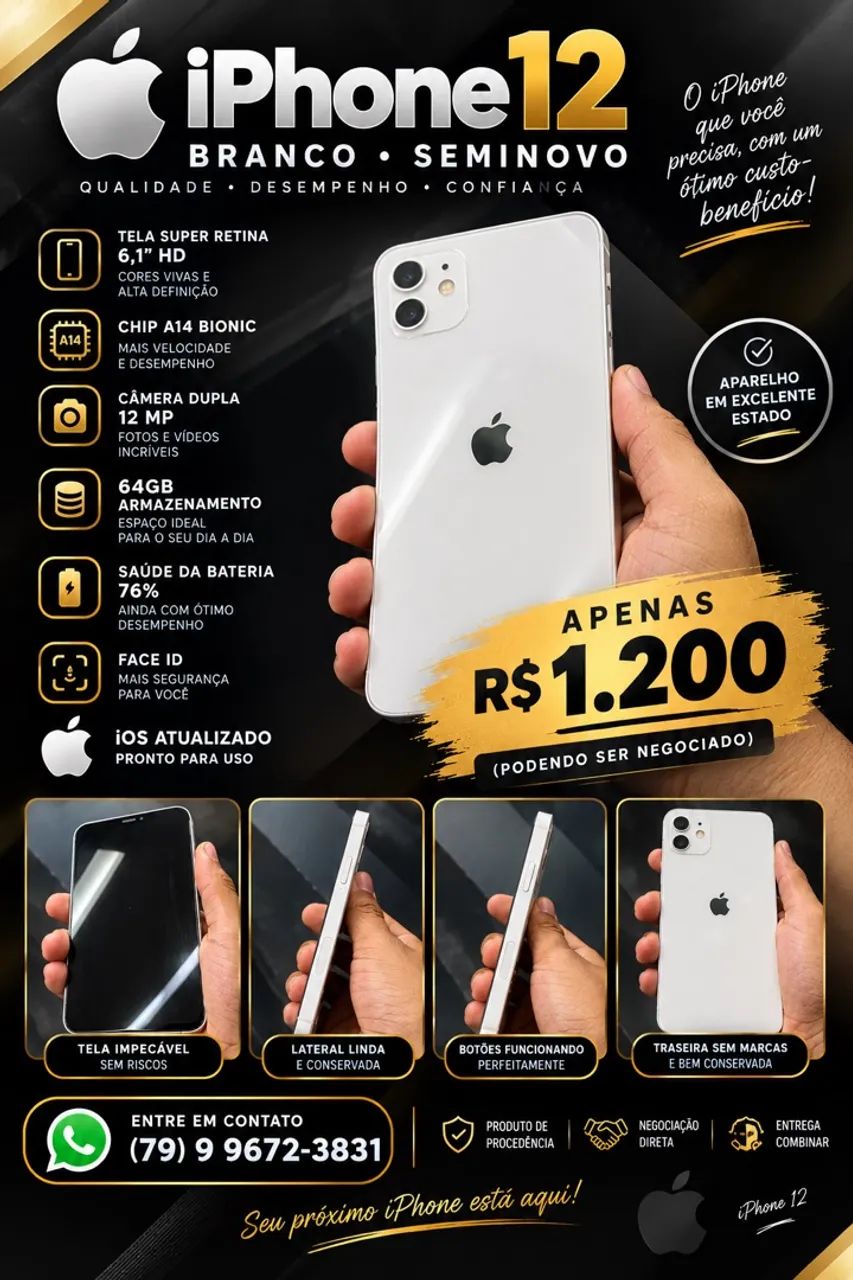 ? iPhone 12 Branco 64GB Seminovo - R$ 1.200