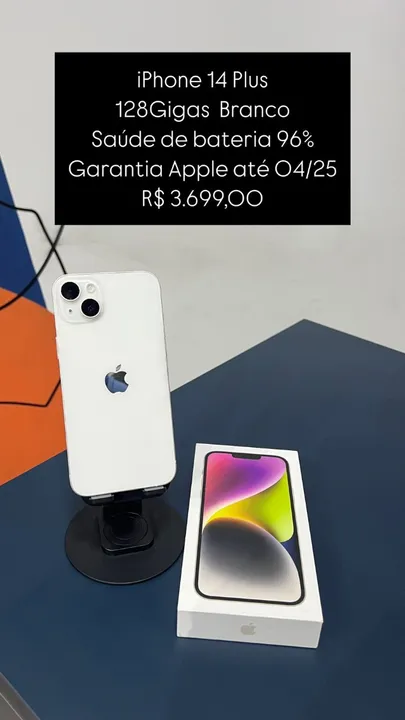 iPhone 14 Plus 128GB Branco Saúde de bateria 96% Garantia Apple 04-25 R$ 3.699,00 | Loja