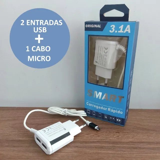 Carregador de Celular 2 Entradas USB + Cabo Micro USB V8