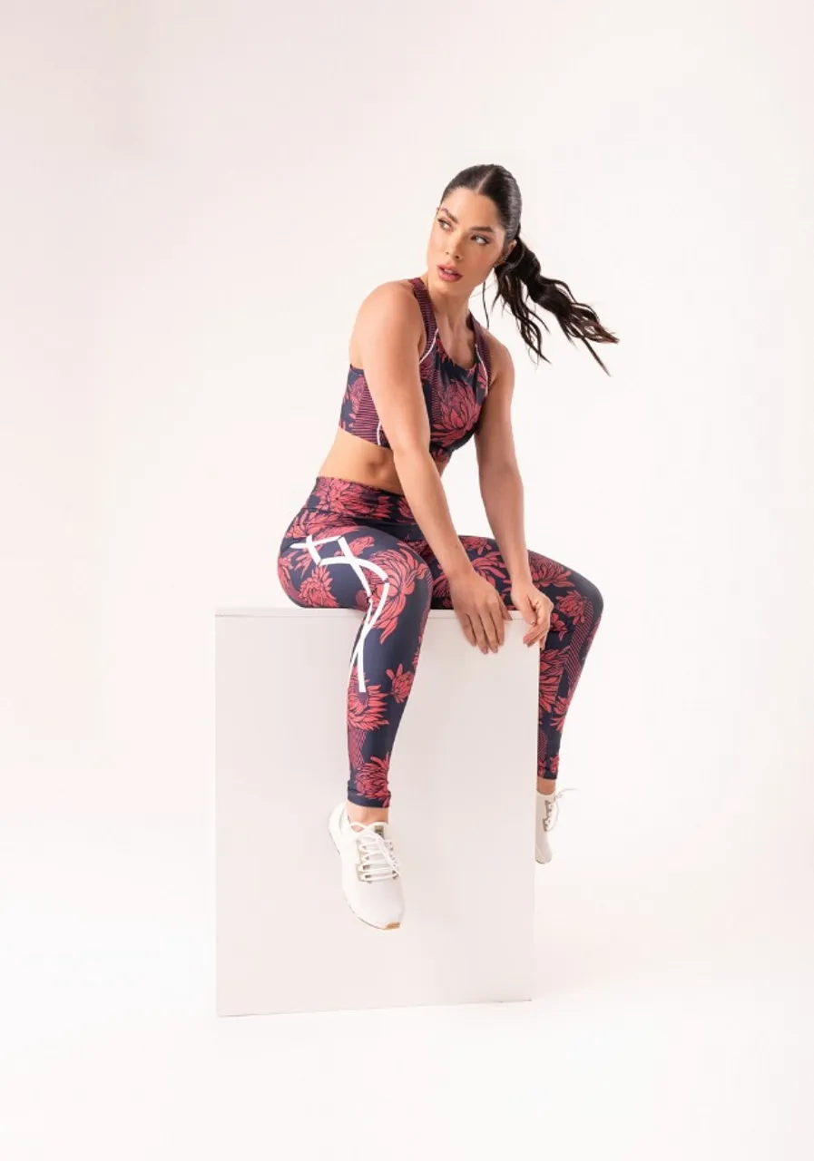 Calça Legging fitness feminina estampada floral monocromático printed dlk